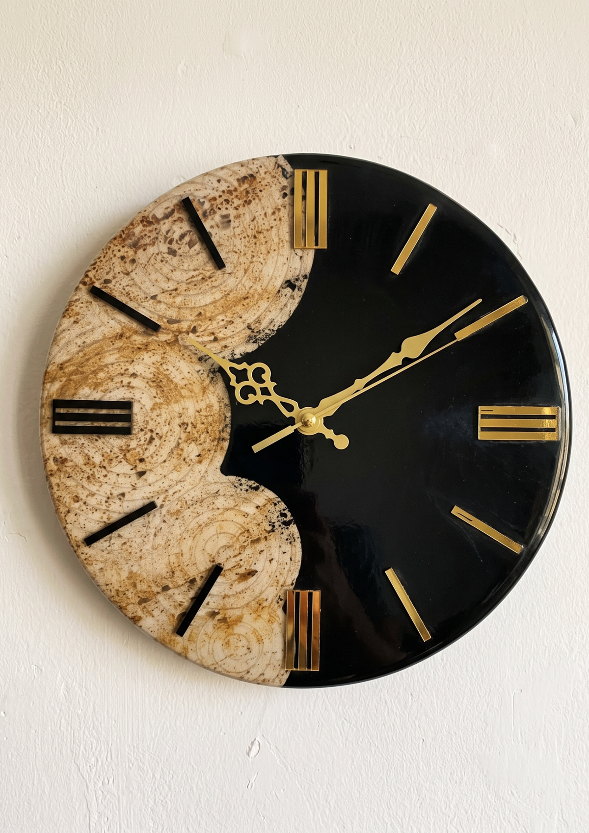 Handcrafted Epoxy Resin Wall Clock | Black Onyx & Natural Sandstone Effect Modern Luxury Wall Decor