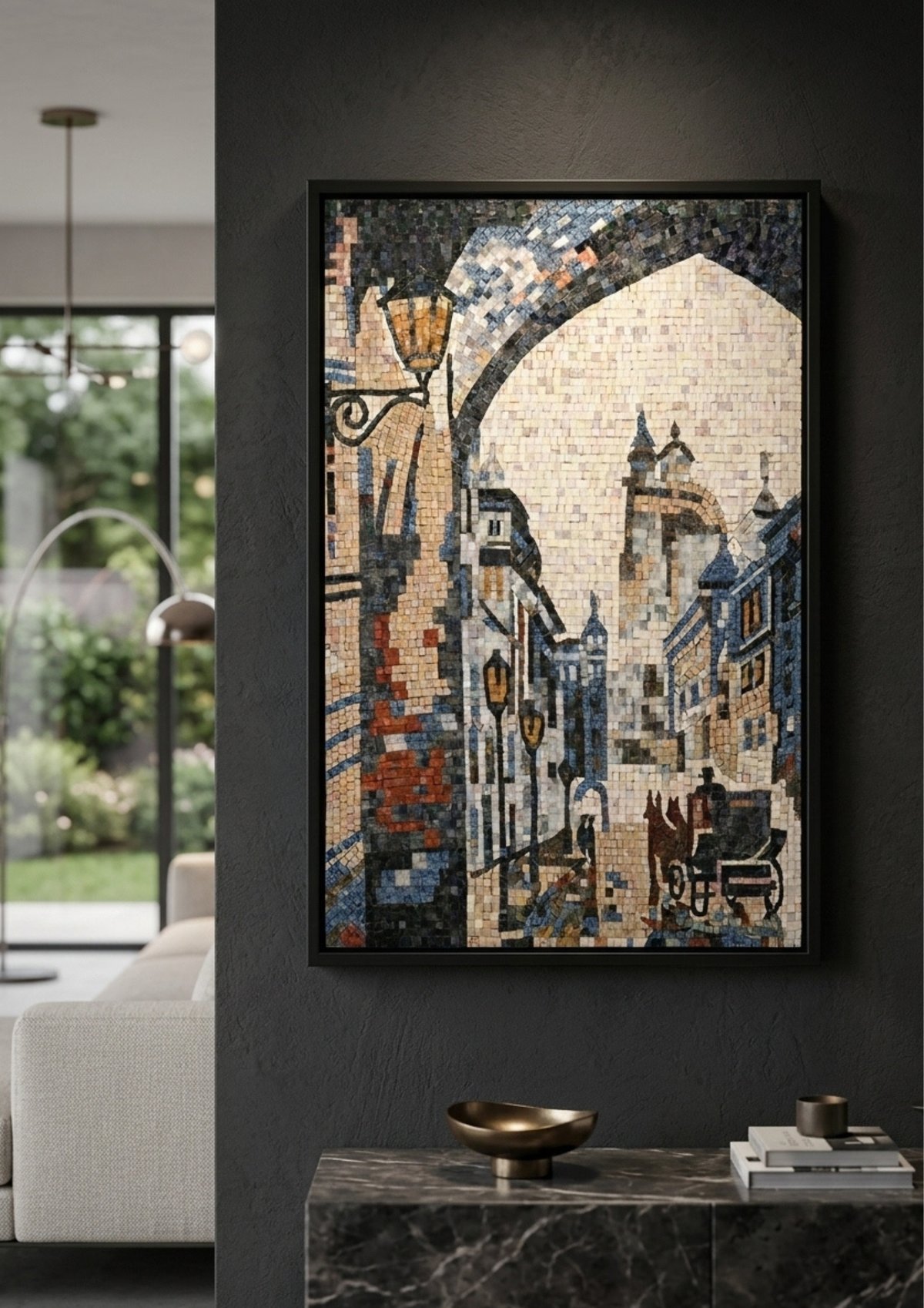The Carriage at Dusk – Handcrafted Marble Mosaic 18 x 24 inches