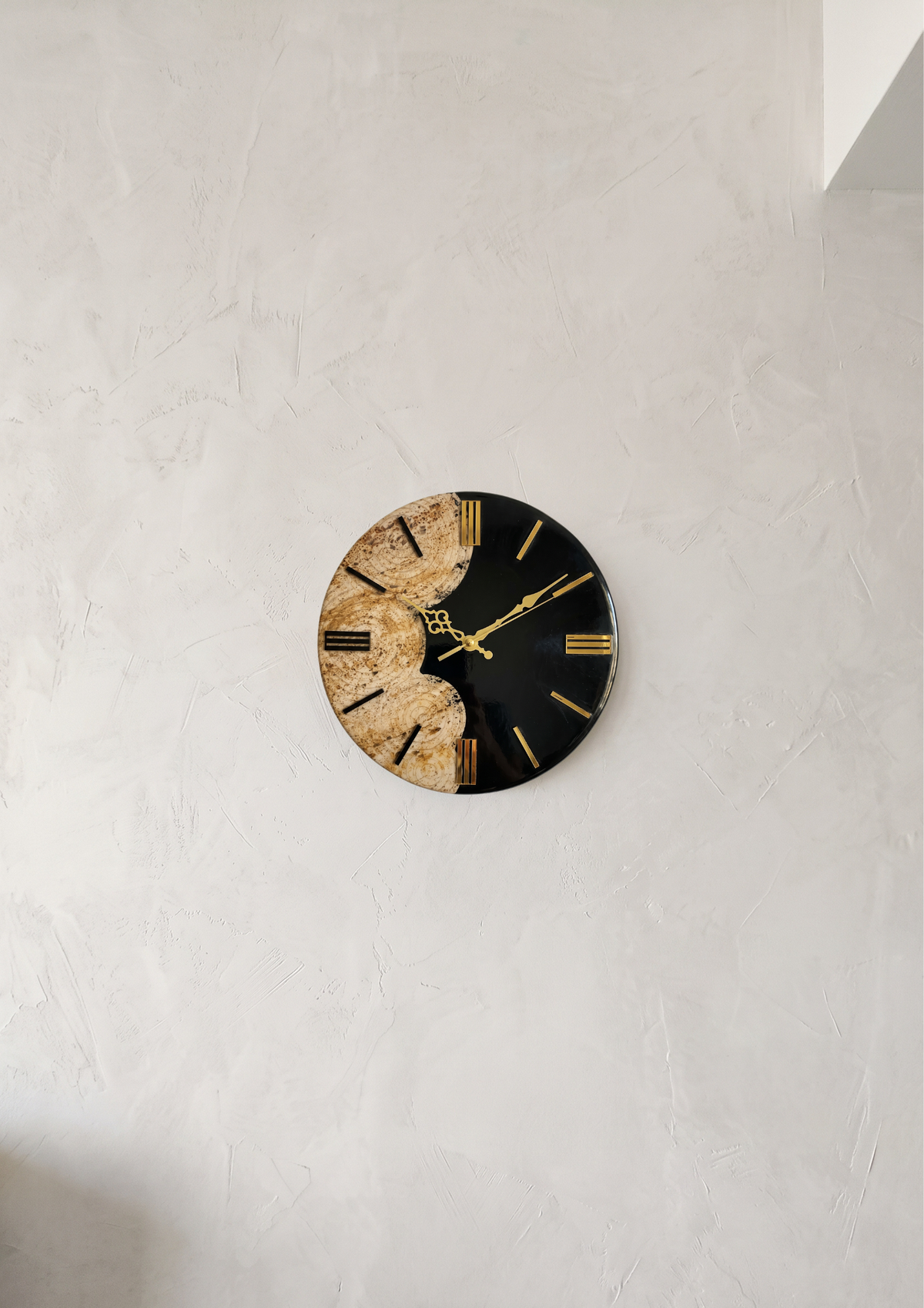 Handcrafted Epoxy Resin Wall Clock | Black Onyx & Natural Sandstone Effect Modern Luxury Wall Decor