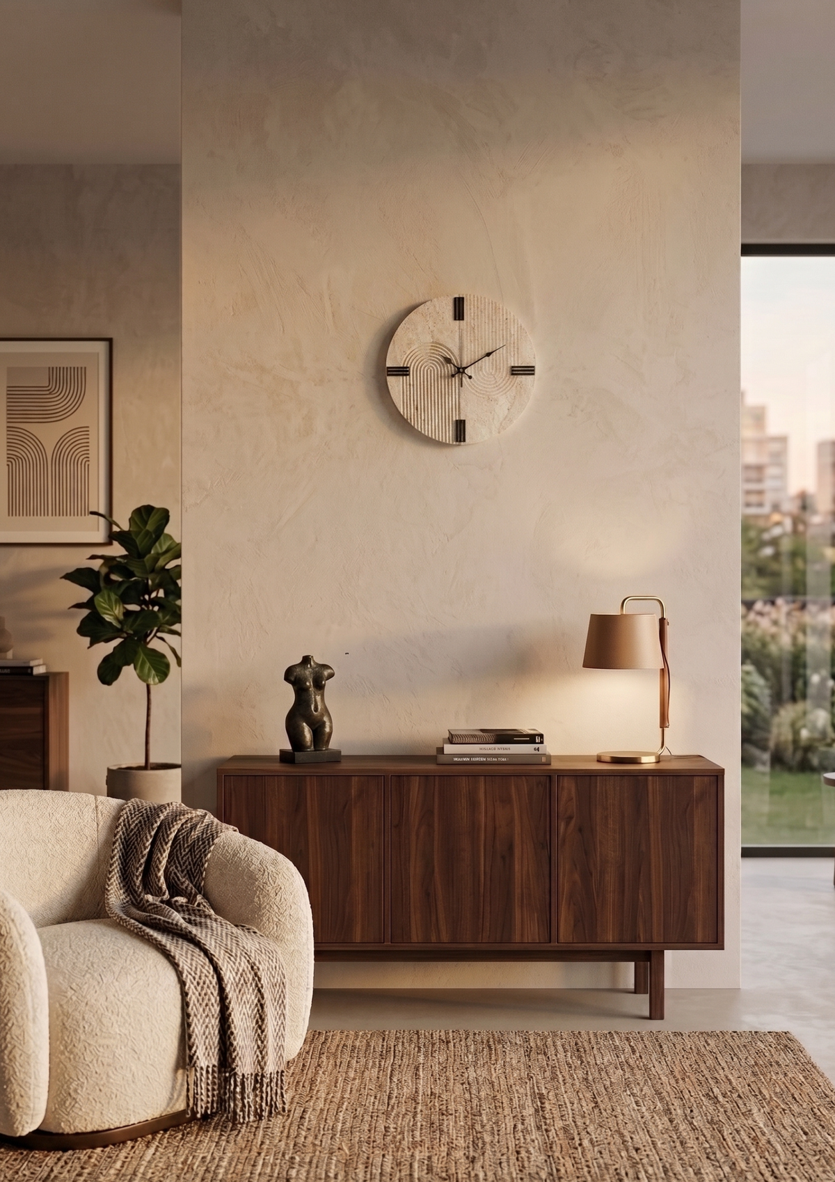 Natural Travertine Marble Wall Clock – Hand-Carved Zen Arch Design
