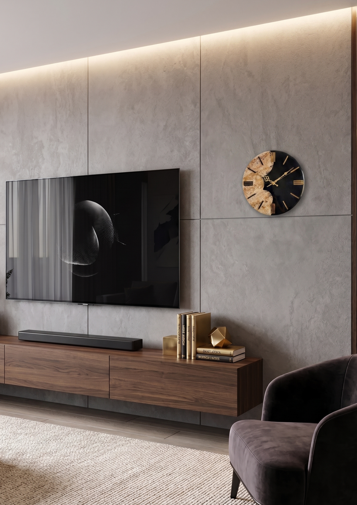 Handcrafted Epoxy Resin Wall Clock | Black Onyx & Natural Sandstone Effect Modern Luxury Wall Decor