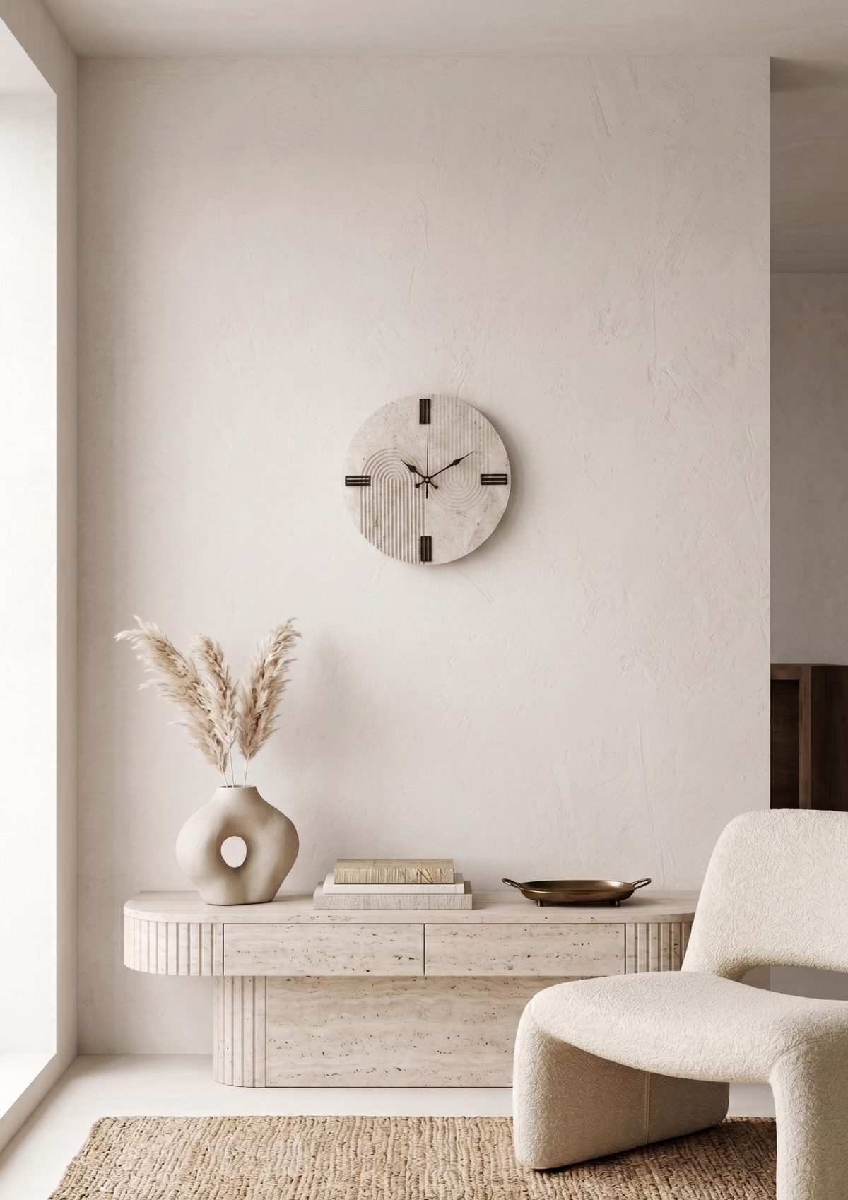 Natural Travertine Marble Wall Clock – Hand-Carved Zen Arch Design