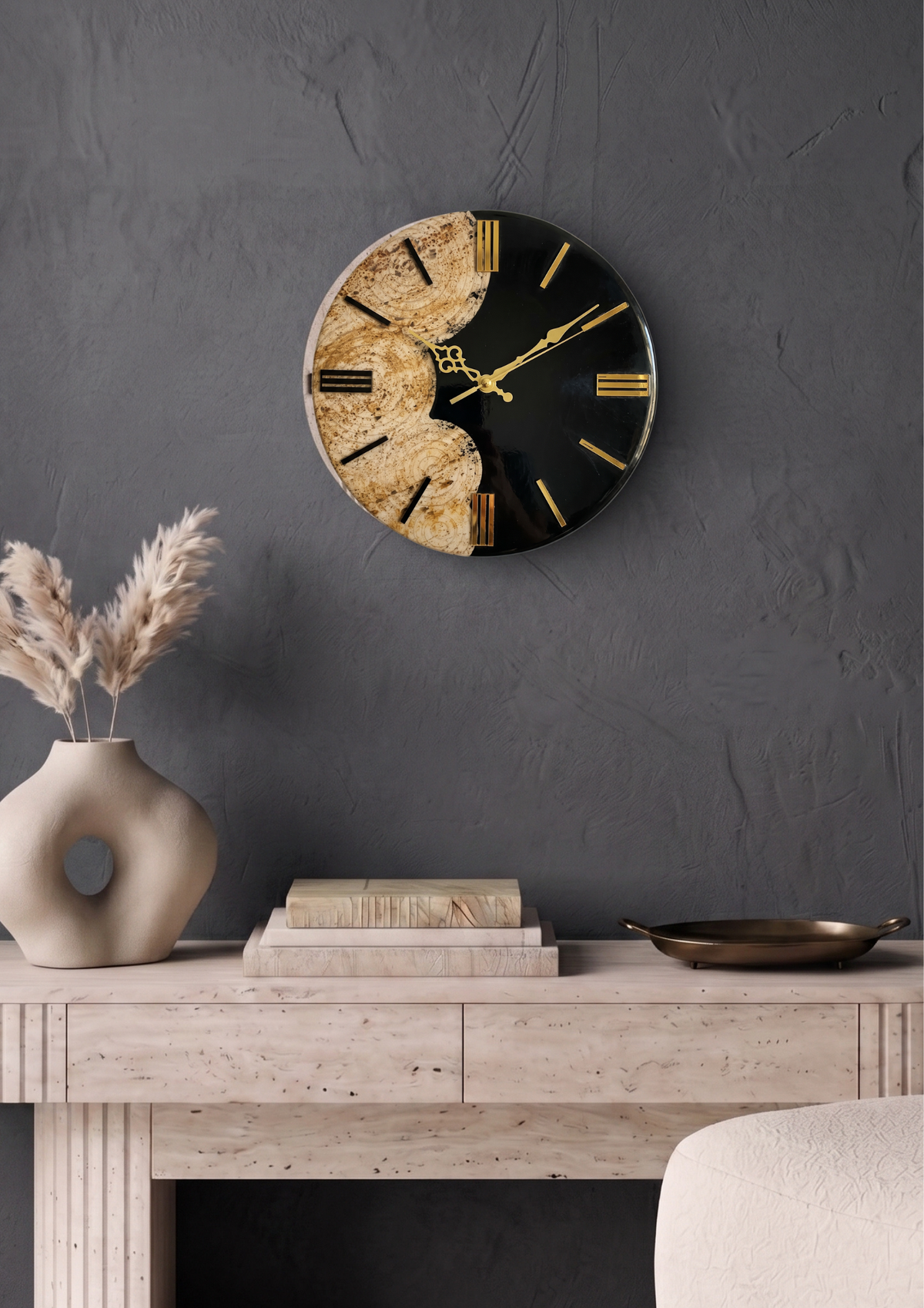 Handcrafted Epoxy Resin Wall Clock | Black Onyx & Natural Sandstone Effect Modern Luxury Wall Decor