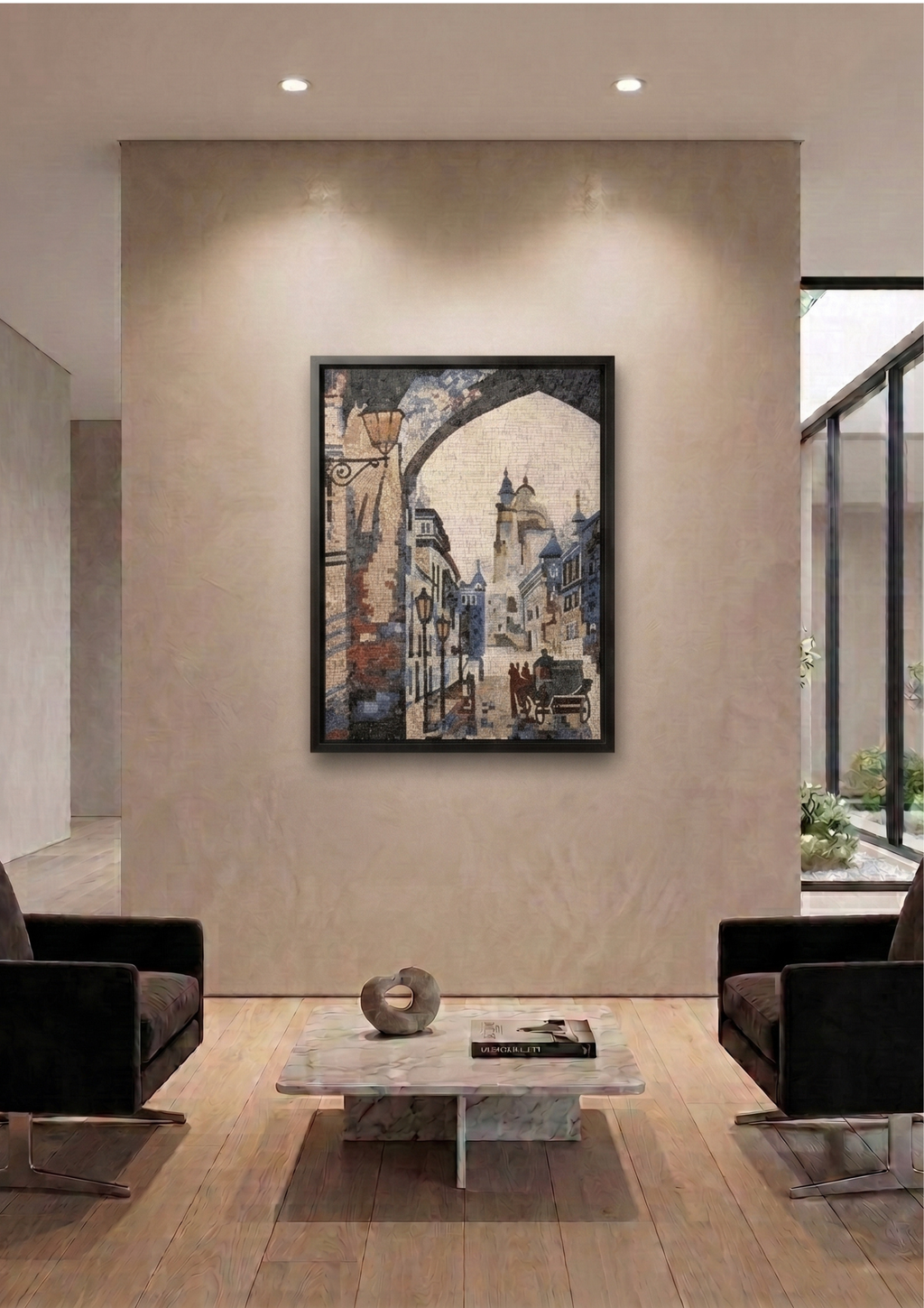 The Carriage at Dusk – Handcrafted Marble Mosaic 18 x 24 inches