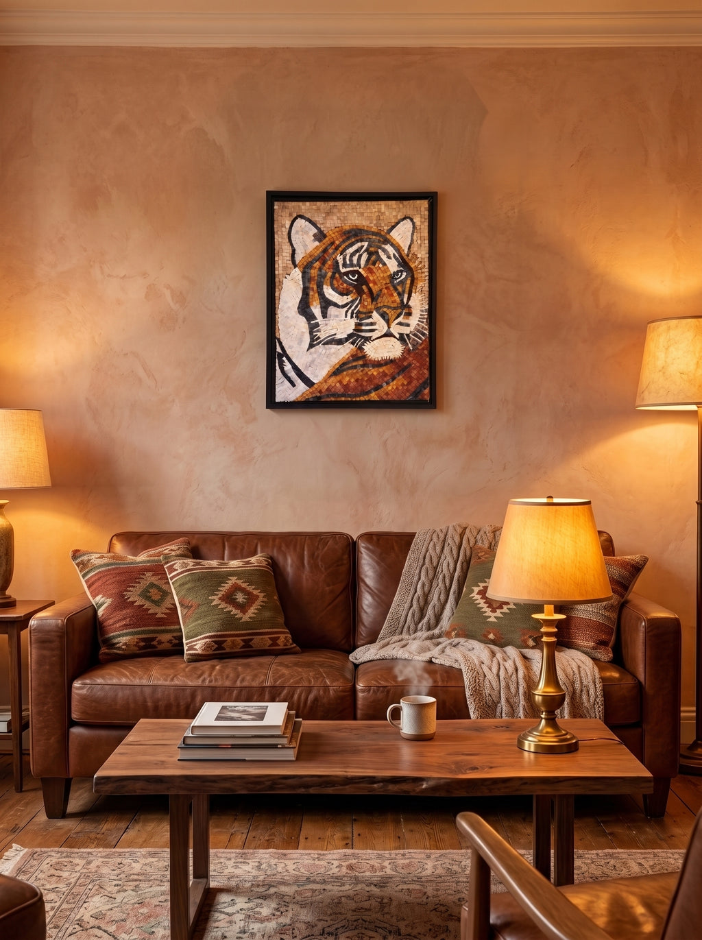 Fierce Bengal Tiger Handcrafted Stone Mosaic – Premium Framed Wildlife mosaic Wall Art 18 x 24 inches