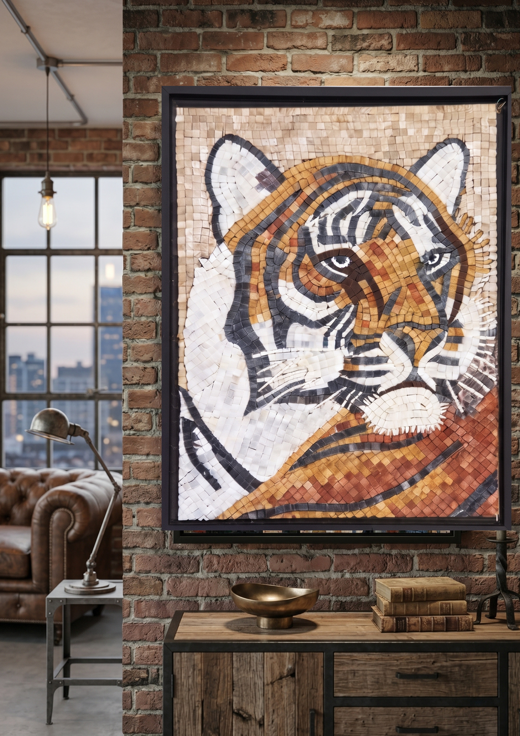 Fierce Bengal Tiger Handcrafted Stone Mosaic – Premium Framed Wildlife mosaic Wall Art 18 x 24 inches