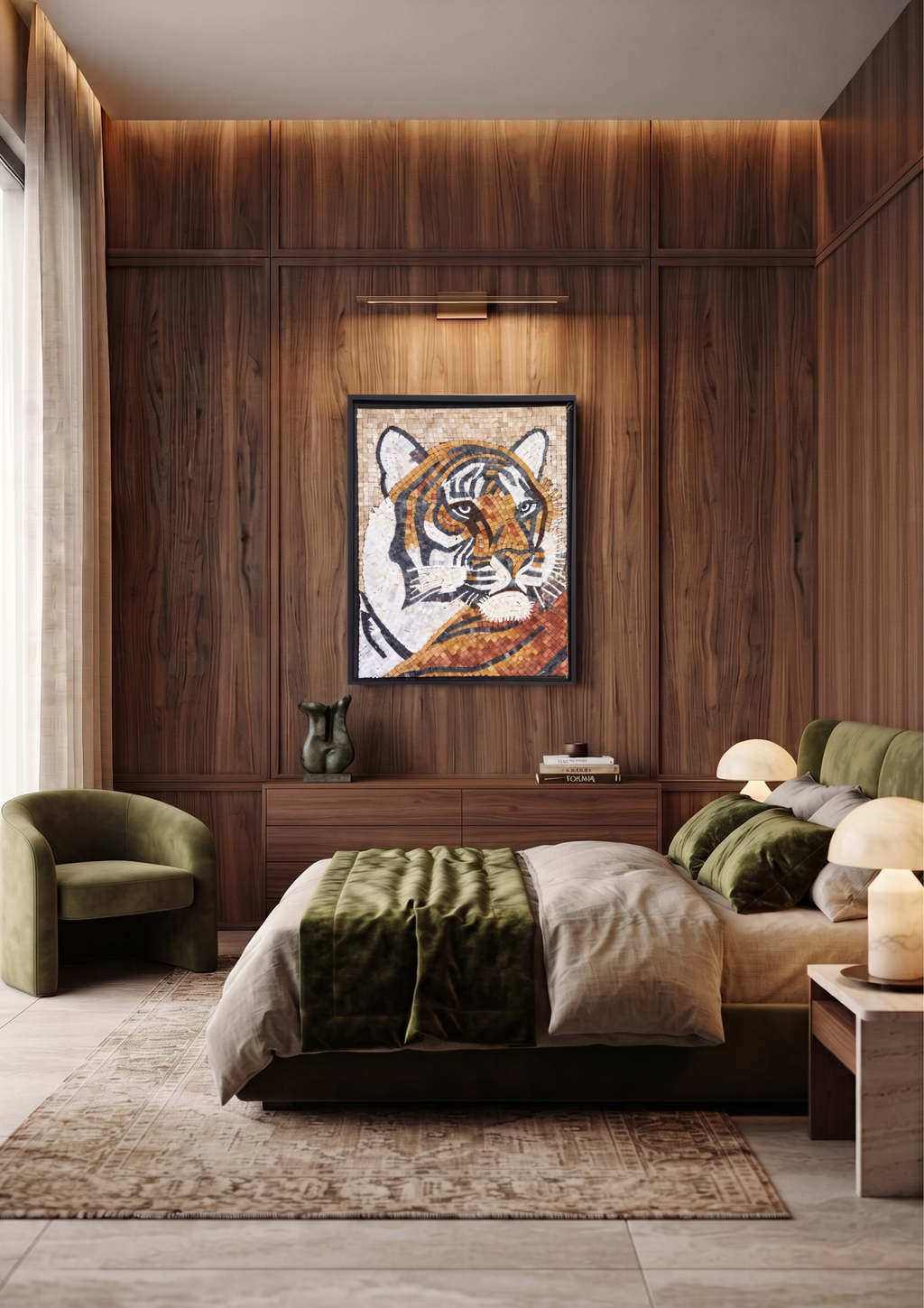 Fierce Bengal Tiger Handcrafted Stone Mosaic – Premium Framed Wildlife mosaic Wall Art 18 x 24 inches