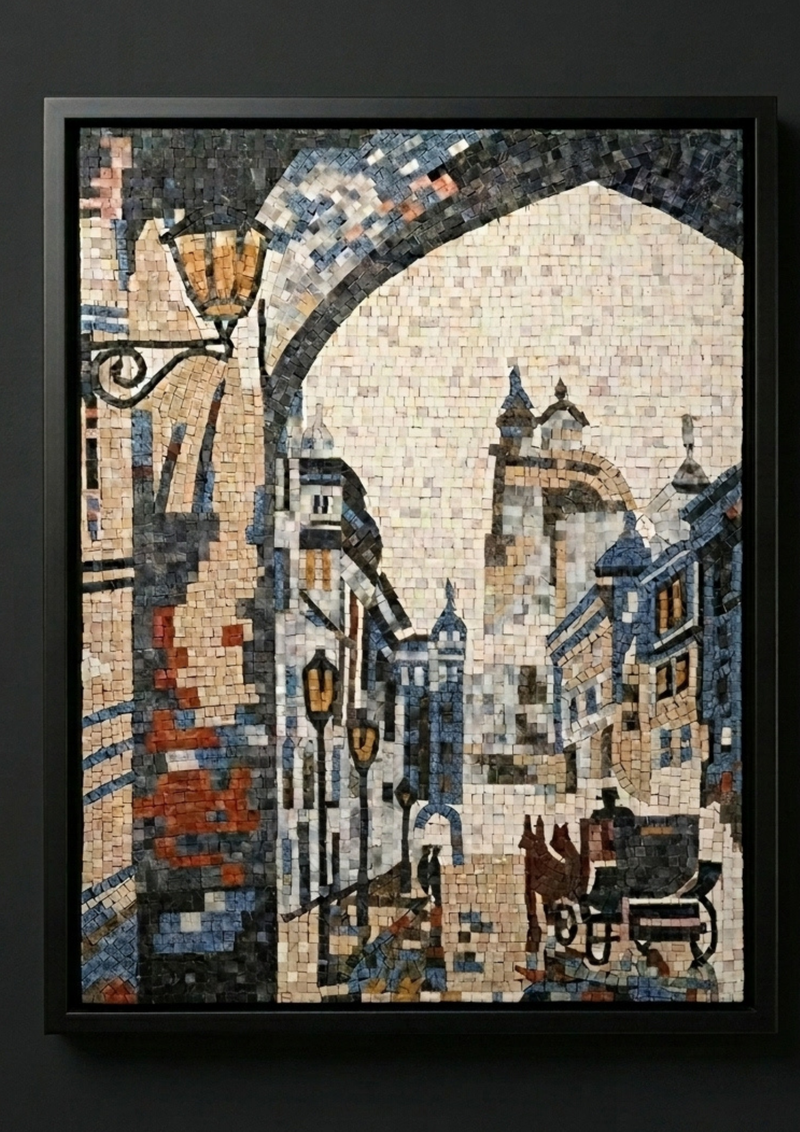 The Carriage at Dusk – Handcrafted Marble Mosaic 18 x 24 inches