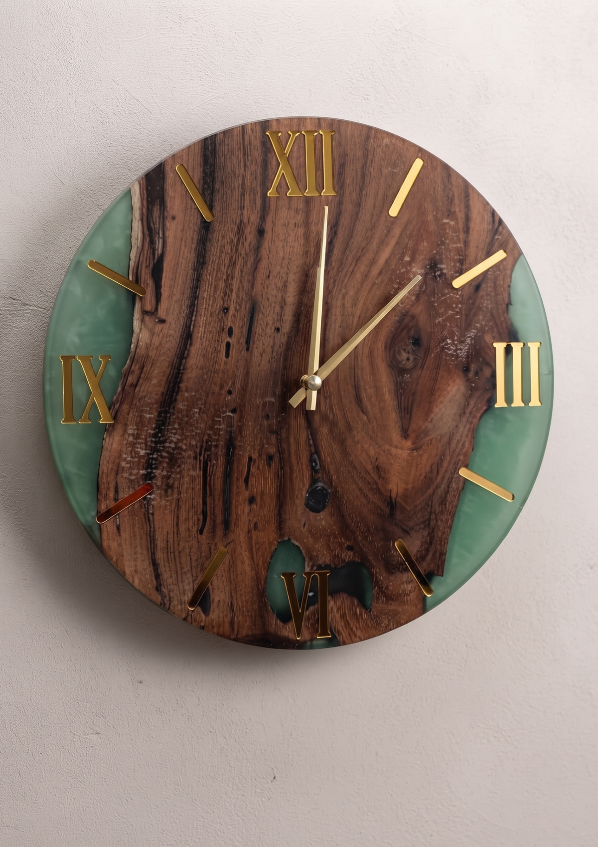 Live Edge Wood & Epoxy Resin Wall Clock | Handcrafted Natural Walnut & Jade Green River Clock