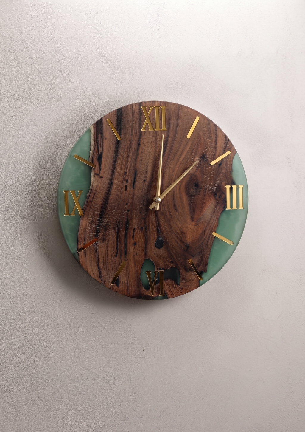 Live Edge Wood & Epoxy Resin Wall Clock | Handcrafted Natural Walnut & Jade Green River Clock