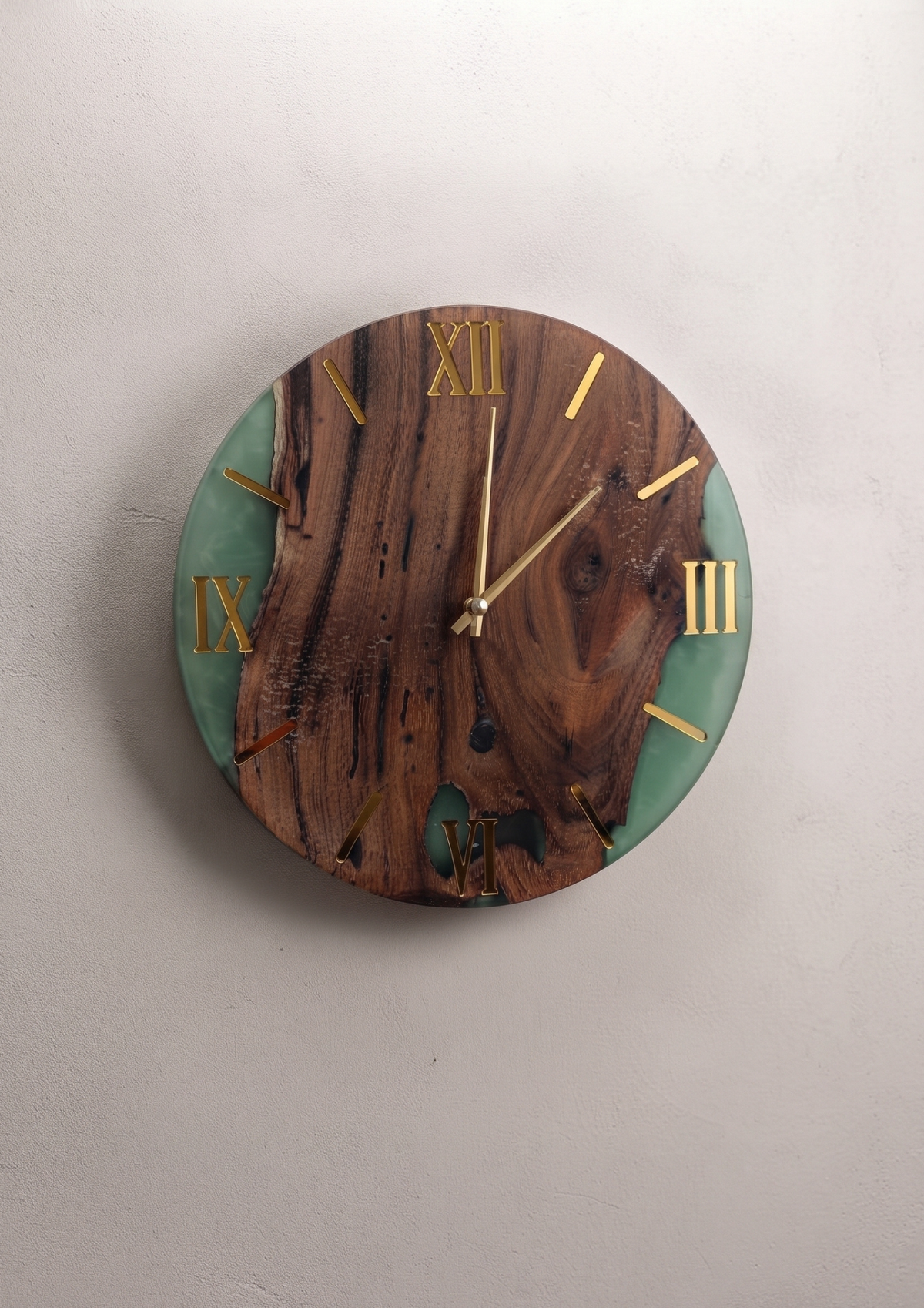 Live Edge Wood & Epoxy Resin Wall Clock | Handcrafted Natural Walnut & Jade Green River Clock