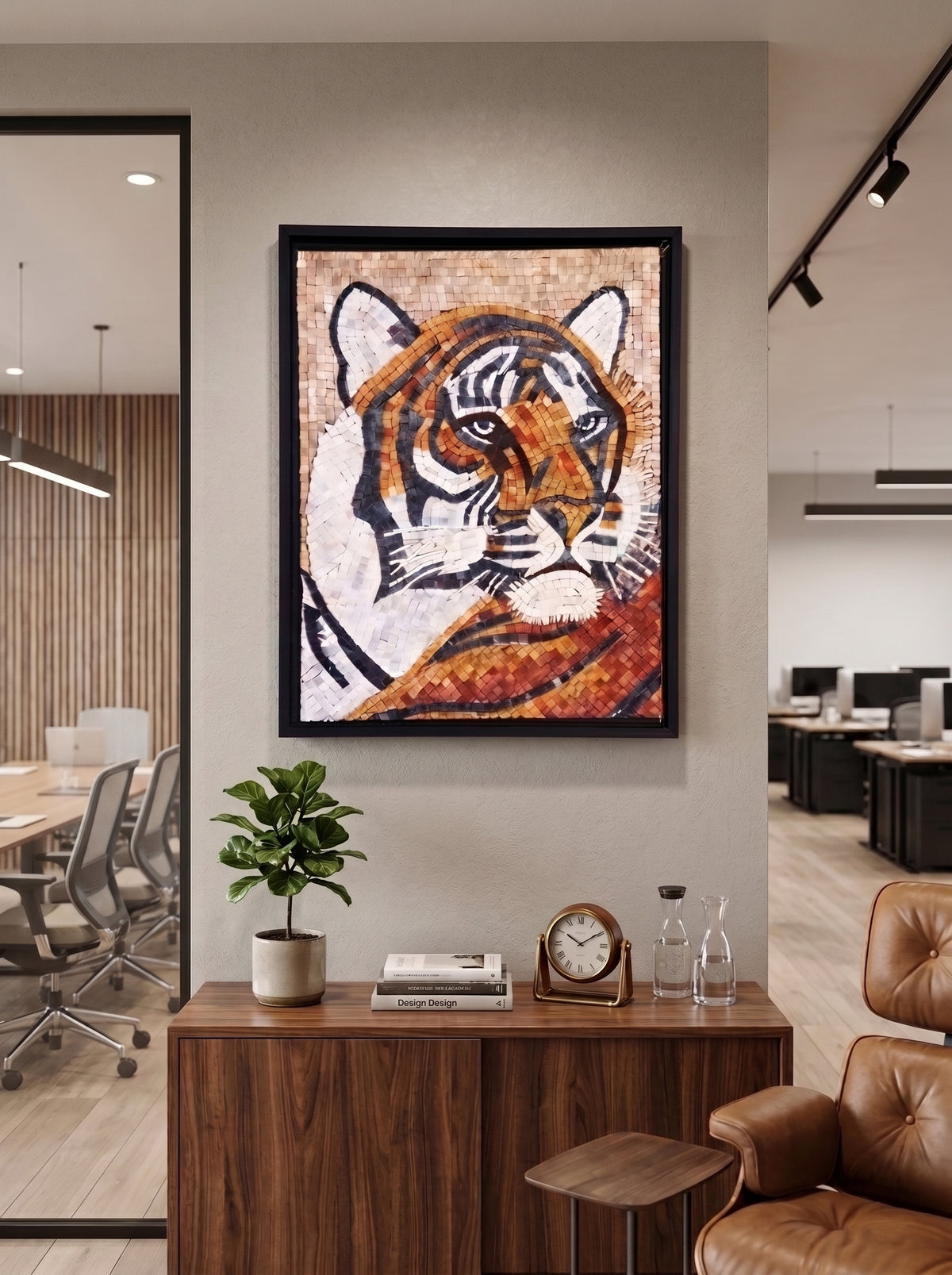 Fierce Bengal Tiger Handcrafted Stone Mosaic – Premium Framed Wildlife mosaic Wall Art 18 x 24 inches