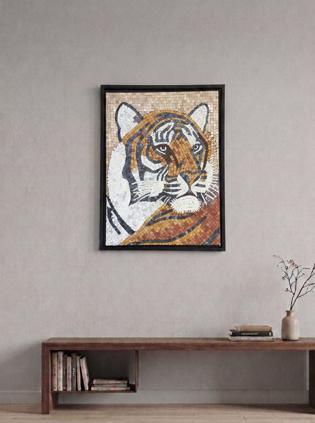 Fierce Bengal Tiger Handcrafted Stone Mosaic – Premium Framed Wildlife mosaic Wall Art 18 x 24 inches