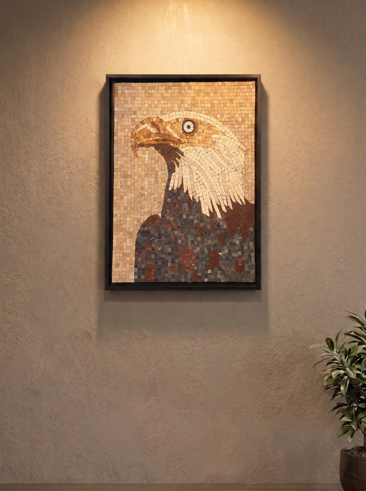 Handcrafted Stone Mosaic Bald Eagle Wall Art – Framed Wildlife Mosaic Tile Decor 18 x 24 inches